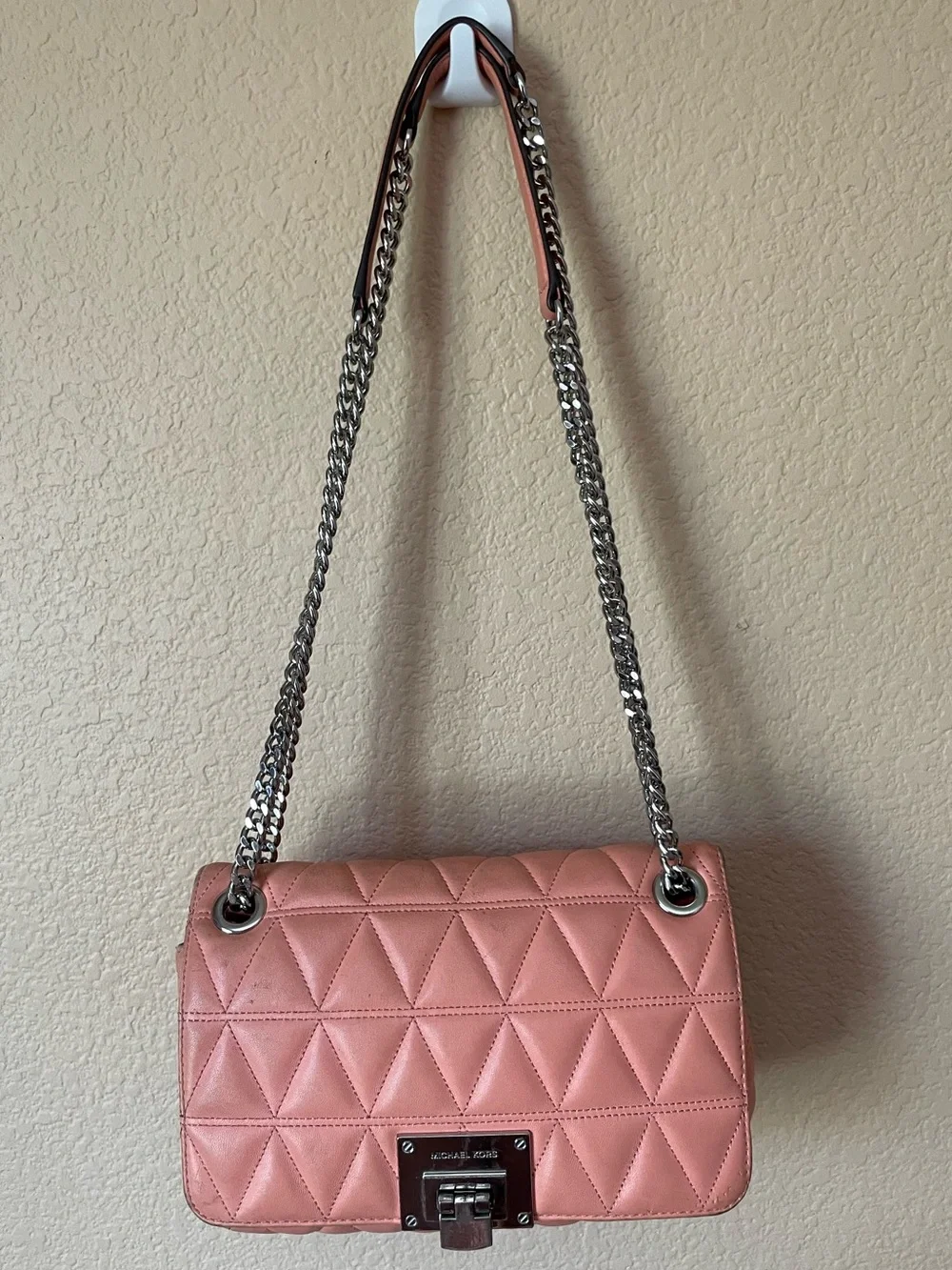 MICHAEL KORS genuine leather VIVIANNE MEDIUM chain SHOULDER FLAP BAG PEACH